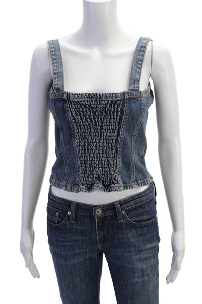 Zara Women Cropped Tank Blue Cotton Square Neck 90s Spring Size S