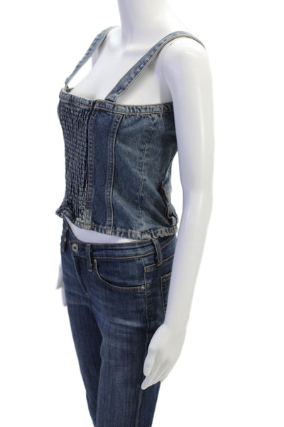 Zara Women Cropped Tank Blue Cotton Square Neck 90s Spring Size S