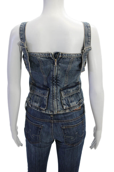 Zara Women Cropped Tank Blue Cotton Square Neck 90s Spring Size S
