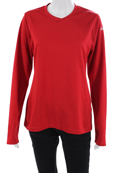 Asics Women Basic Red V-Neck Long Sleeve Polyester T-Shirt Size M