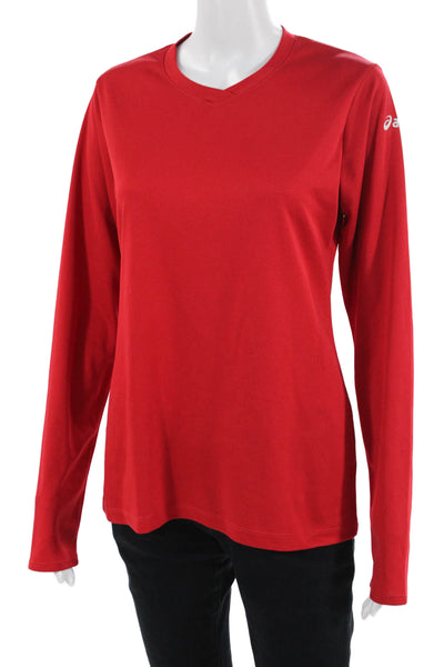 Asics Women Basic Red V-Neck Long Sleeve Polyester T-Shirt Size M