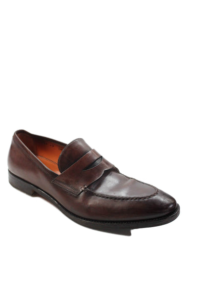 Santoni Mens Leather Slide On Dress Shoe Loafers Acorn Brown Size UK 8