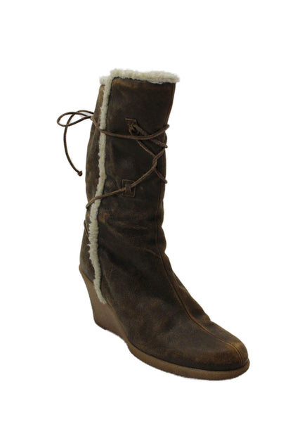 KORS Michael Kors Womens Suede Wedge Lace-Up Pull-On Boots Brown Size 8