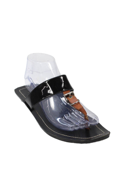 Prada Womens Buckle T Strap Sandals Black Brown Patent Leather Size 39.5