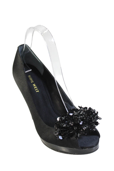 Nine West Womens Solid Sequin Slip On Open Toe Heels Black Size 8M