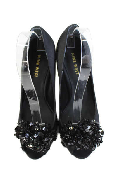 Nine West Womens Solid Sequin Slip On Open Toe Heels Black Size 8M