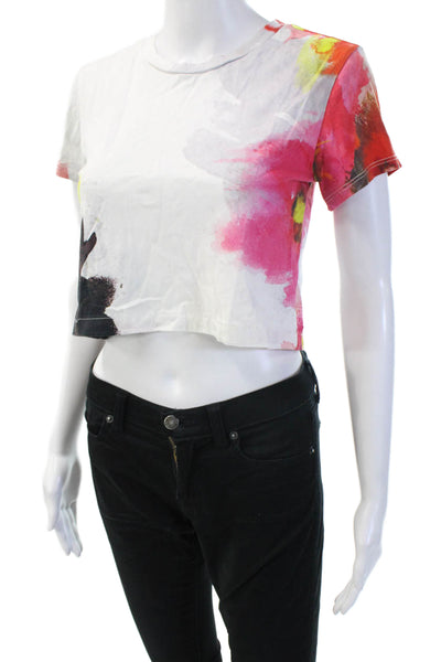 Pam & Gela Women Cropped Black Graphic T-Shirt Crew Neck Cotton Blend Size 0P