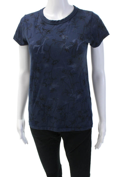 Rag & Bone Women Dark Blue Floral Jersey T-Shirt Crew Short Sleeve Size XS