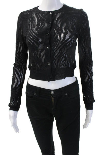 Fuzzi Women Cropped Button-Up Sweater Black Polyester Crew Neck Size XS