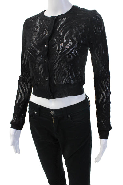 Fuzzi Women Cropped Button-Up Sweater Black Polyester Crew Neck Size XS