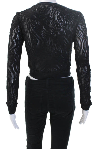 Fuzzi Women Cropped Button-Up Sweater Black Polyester Crew Neck Size XS