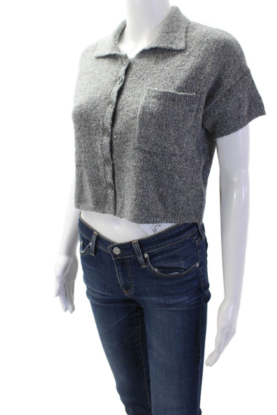 LNA Women Cropped Collared Button-Up Sweater Gray Short Sleeve Size XS