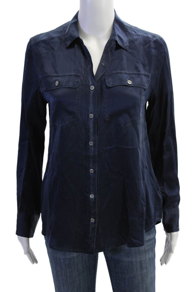 J Crew Women Dark Blue Silk Collared Button-Up Blouse Long Sleeve Size 0