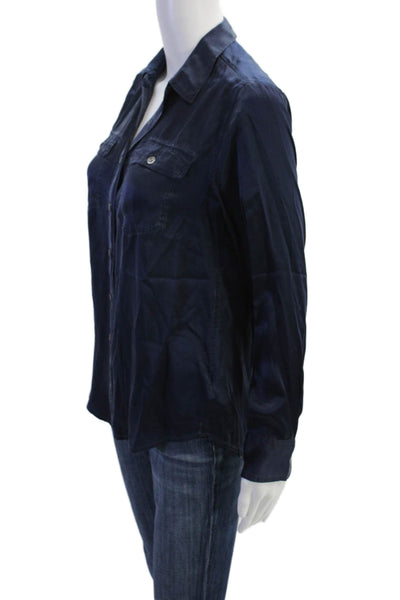 J Crew Women Dark Blue Silk Collared Button-Up Blouse Long Sleeve Size 0
