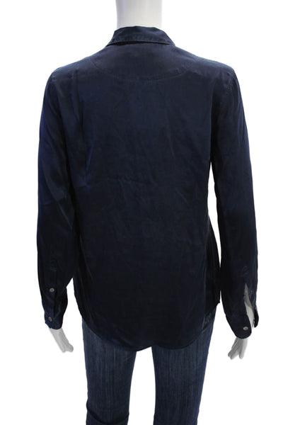 J Crew Women Dark Blue Silk Collared Button-Up Blouse Long Sleeve Size 0