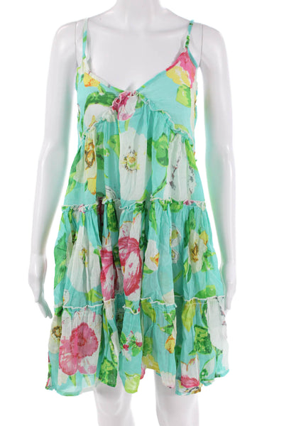 Debbie Katz Women Sundress Green Floral V-Neck Cotton Sleeveless Short Size XS