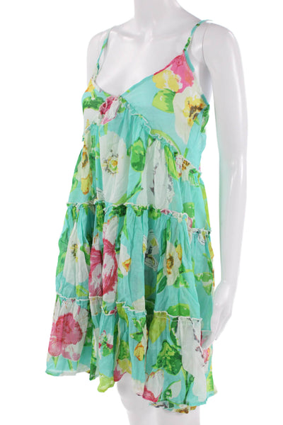 Debbie Katz Women Sundress Green Floral V-Neck Cotton Sleeveless Short Size XS