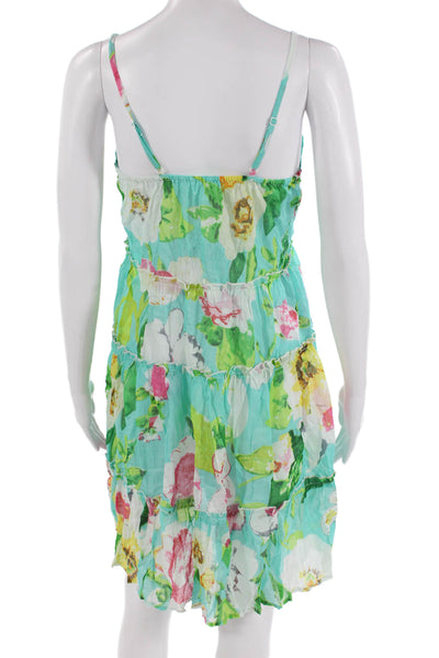 Debbie Katz Women Sundress Green Floral V-Neck Cotton Sleeveless Short Size XS
