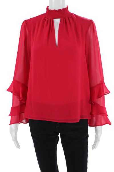 1. State, Womens Red Mock Neck Long Sleeve Blouse Button Polyester Size S