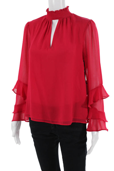 1. State, Womens Red Mock Neck Long Sleeve Blouse Button Polyester Size S