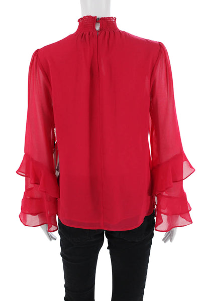 1. State, Womens Red Mock Neck Long Sleeve Blouse Button Polyester Size S