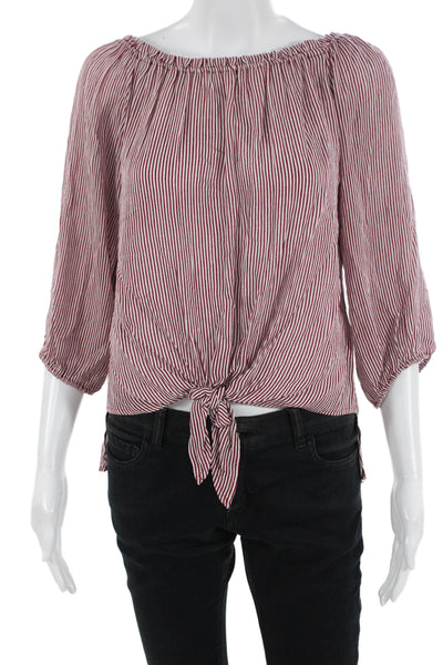 Veronica M Womens Red Cropped Striped Tie 3/4 Sleeve Blouse Size XS