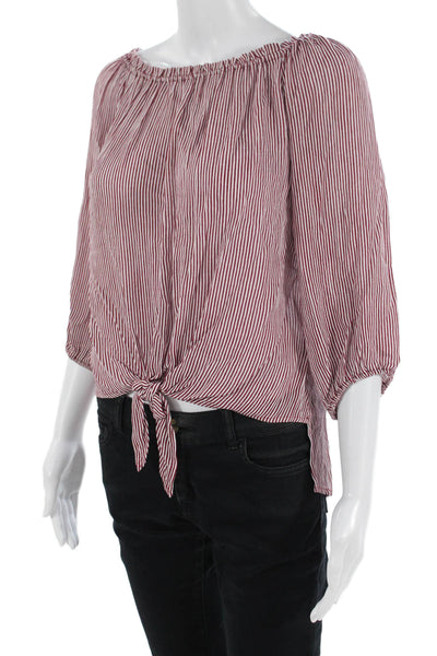 Veronica M Womens Red Cropped Striped Tie 3/4 Sleeve Blouse Size XS