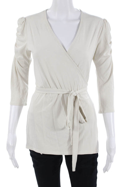 Veronica M Women Basic Tunic Beige V-Neck 3/4 Sleeve Modal Polyester Size S