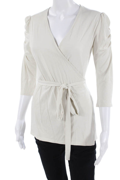 Veronica M Women Basic Tunic Beige V-Neck 3/4 Sleeve Modal Polyester Size S