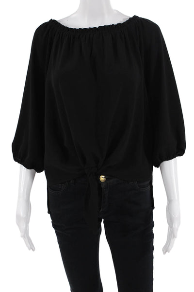 Veronica M Women Boho Black Tunic 3/4 Sleeve Button Round Neck Size S