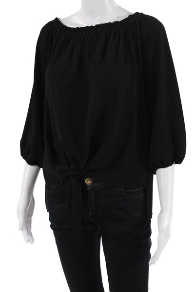 Veronica M Women Boho Black Tunic 3/4 Sleeve Button Round Neck Size S