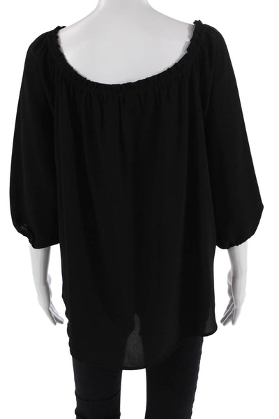 Veronica M Women Boho Black Tunic 3/4 Sleeve Button Round Neck Size S
