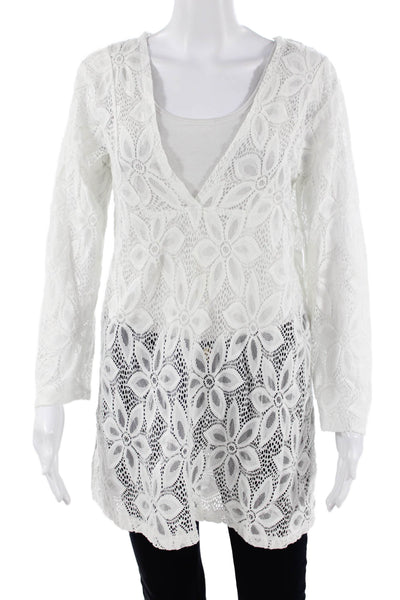 J. Valdi Women Tunic Floral V-Neck Long Sleeve White Nylon Boho Size S