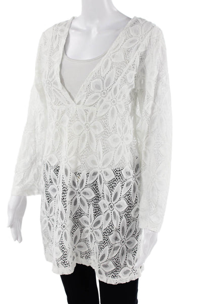 J. Valdi Women Tunic Floral V-Neck Long Sleeve White Nylon Boho Size S