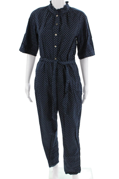 La Vie Womens Dark Blue Short Sleeve Round Neck Jumpsuit Cotton Mid-Calf Size S