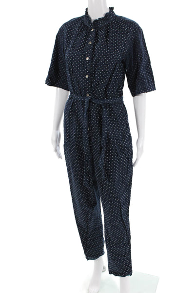 La Vie Womens Dark Blue Short Sleeve Round Neck Jumpsuit Cotton Mid-Calf Size S