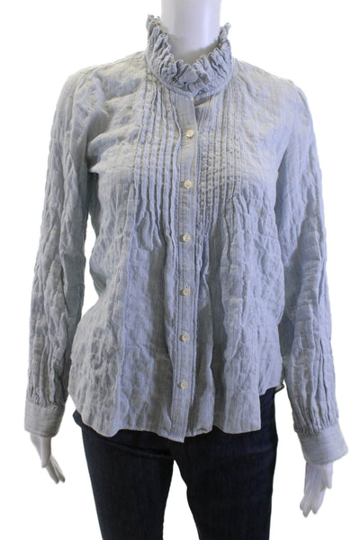 La Vie Women Light Blue Striped High-Neck Button-Up Blouse Long-Sleeve Size XS