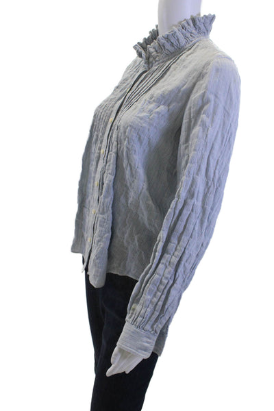 La Vie Women Light Blue Striped High-Neck Button-Up Blouse Long-Sleeve Size XS