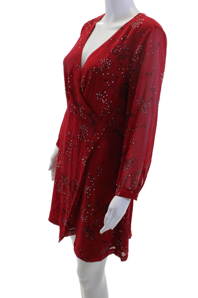 Madewell Women Red Floral V-Neck Wrap Dress Long Sleeve Zip Polyester Size 8