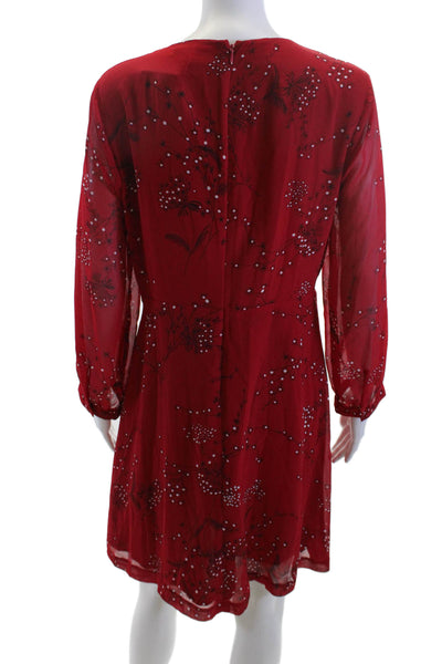Madewell Women Red Floral V-Neck Wrap Dress Long Sleeve Zip Polyester Size 8