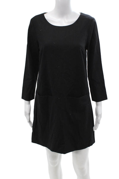 J Crew Women Shift Dress Black Wool Long Sleeve Zip Round Neck Size 2