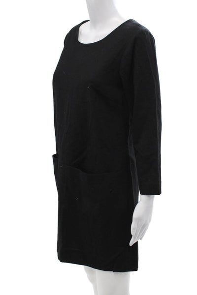 J Crew Women Shift Dress Black Wool Long Sleeve Zip Round Neck Size 2