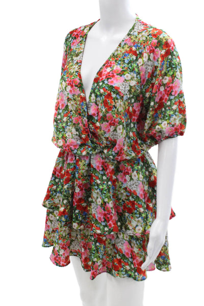 Zara, Women Fit & Flare Mini Floral V-Neck Green Dress Size S