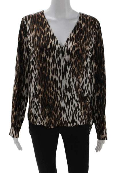 L Agence Women Silk Animal Print V-Neck Long Sleeve Blouse Beige Size S