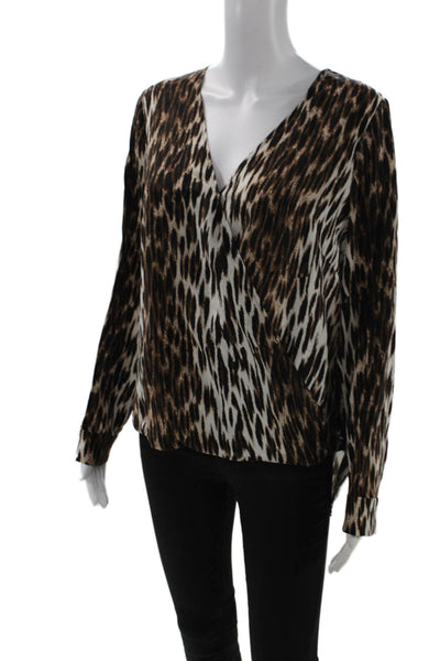 L Agence Women Silk Animal Print V-Neck Long Sleeve Blouse Beige Size S
