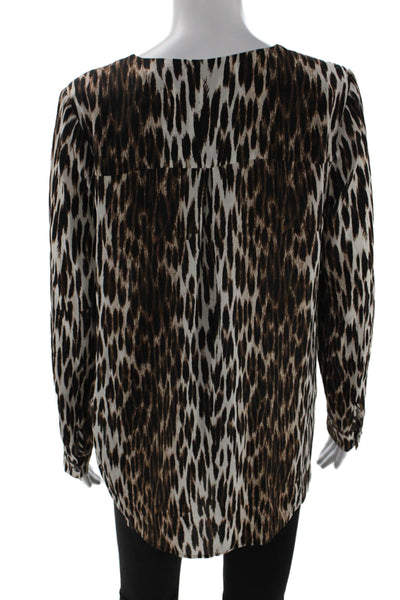 L Agence Women Silk Animal Print V-Neck Long Sleeve Blouse Beige Size S