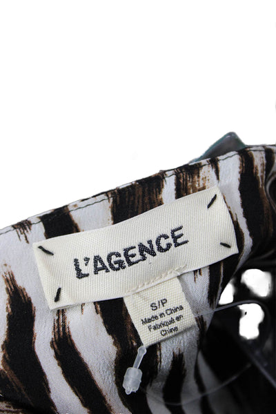 L Agence Women Silk Animal Print V-Neck Long Sleeve Blouse Beige Size S