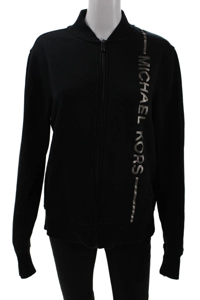 Michael Kors Women Full-Zip Sweatshirt Black Mock Neck Cotton Blend Size S