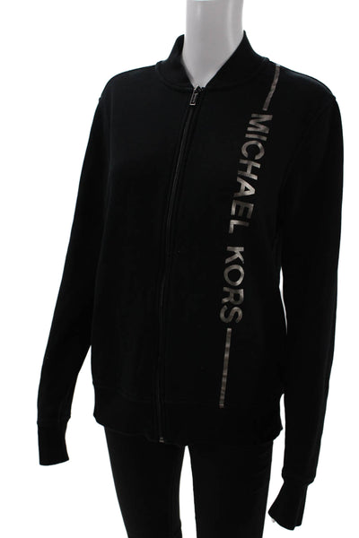 Michael Kors Women Full-Zip Sweatshirt Black Mock Neck Cotton Blend Size S
