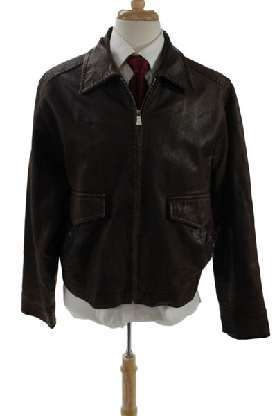 Calvin Klein Jeans Mens Bomber Jacket Brown Genuine Leather Zip Collared Size XL